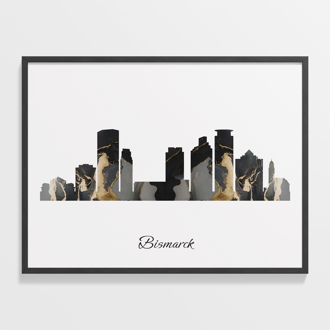 Bismarck North Dakota USA Black Gold Marble Skyline Silhouette City Print