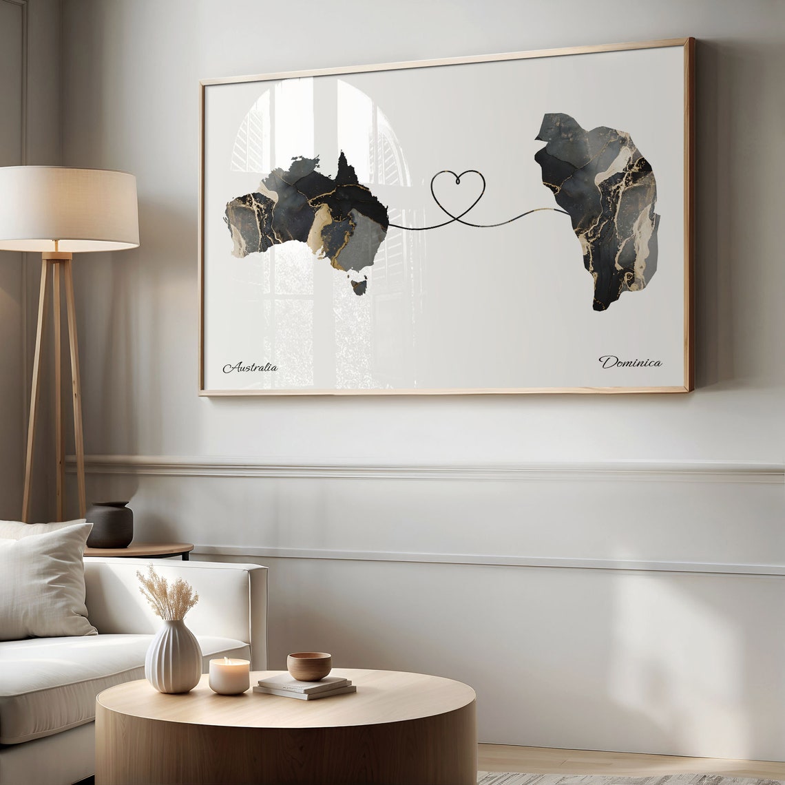Australia and Dominica Black Marble Heart Connection Map Poster - Image 2