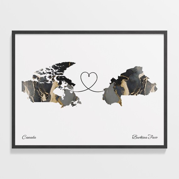 Canada To Burkina Faso Marble Heart Map Two Country Long Distance Gift Poster