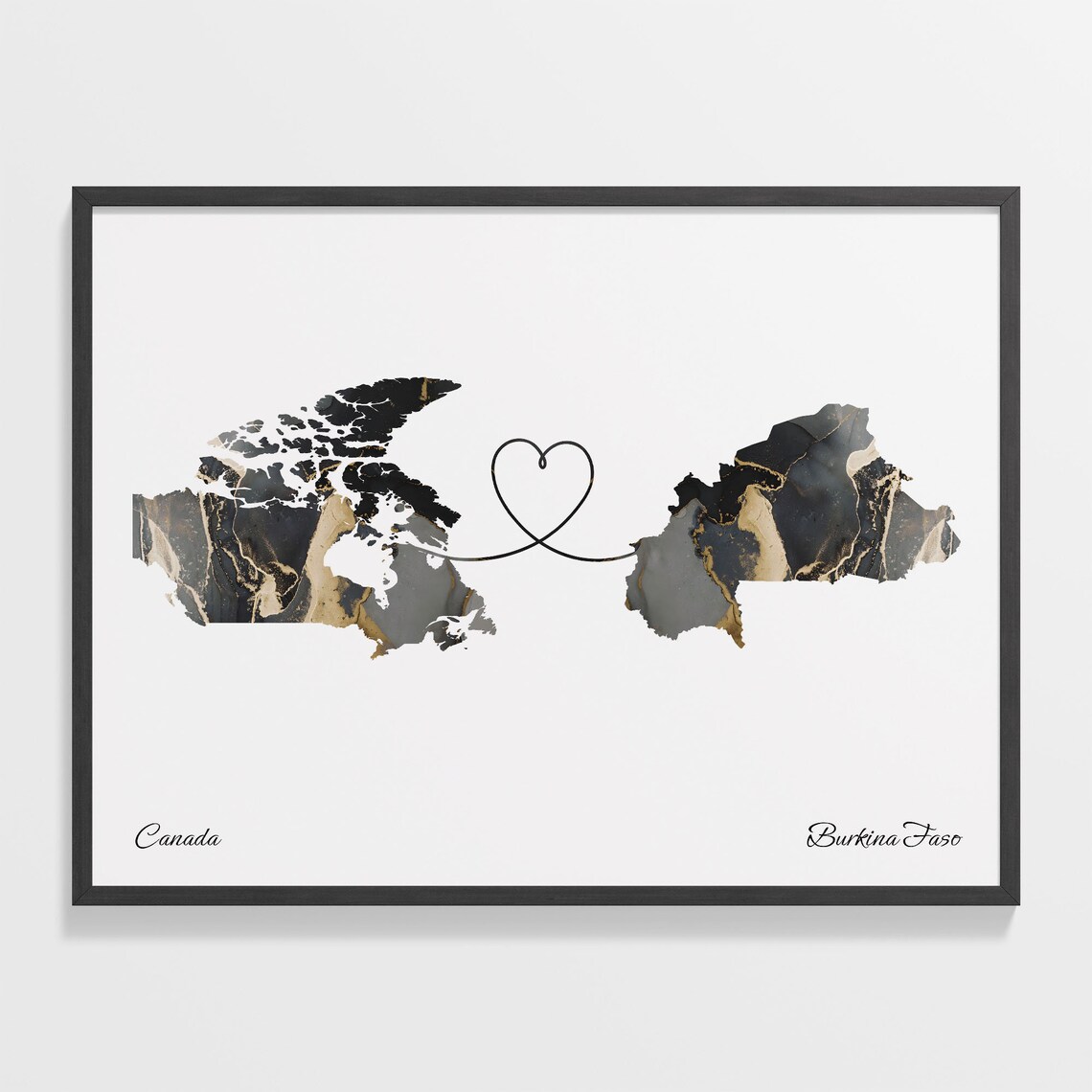 Canada To Burkina Faso Marble Heart Map Two Country Long Distance Gift Poster