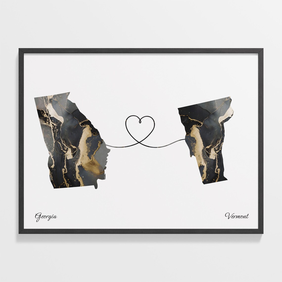 Georgia Vermont Long Distance Love Black Gold Marble Map Poster