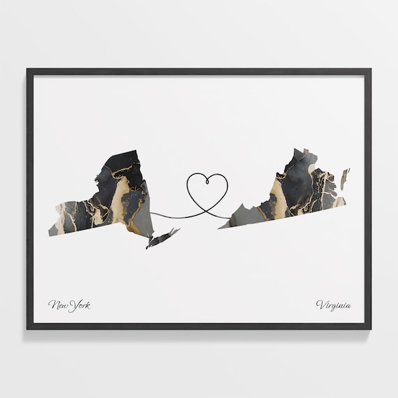 New York Virginia Marble State Map Poster Heart Line Long Distance Gift