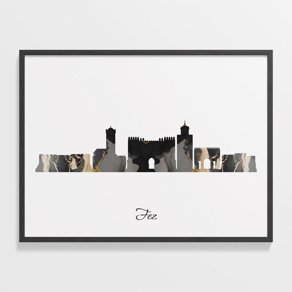 Fez Morocco Black Gold Marble Medina Gate Skyline Silhouette Poster