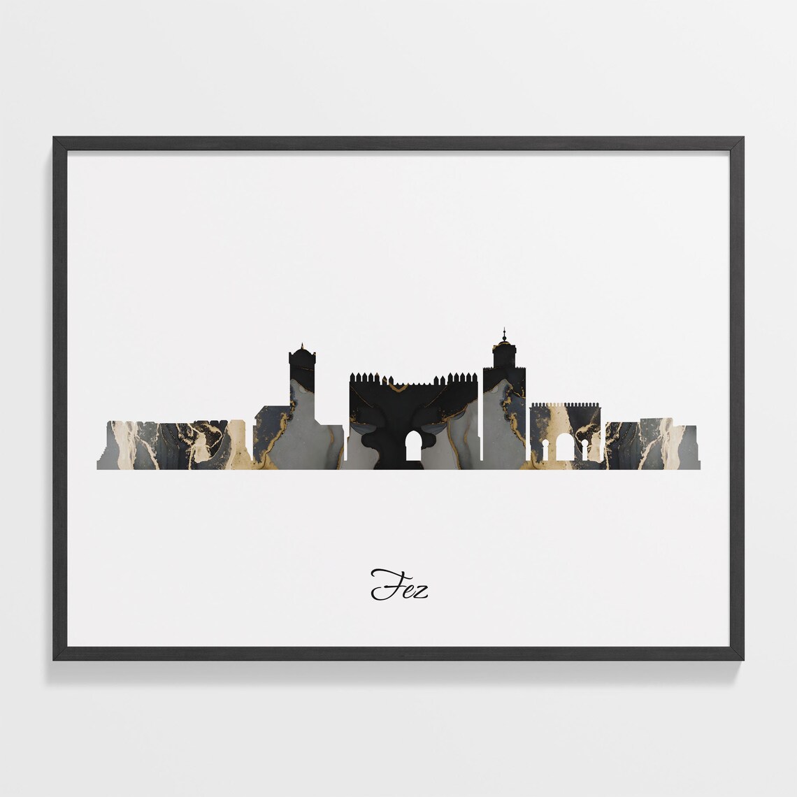 Fez Morocco Black Gold Marble Medina Gate Skyline Silhouette Poster