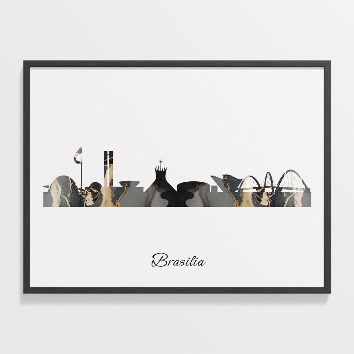 Brasilia Brazil Black Gold Marble Skyline Silhouette Cityscape Poster