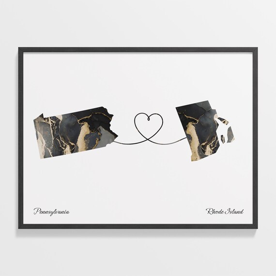 Pennsylvania to Rhode Island Black Gold Marble Map Heart Connection Poster