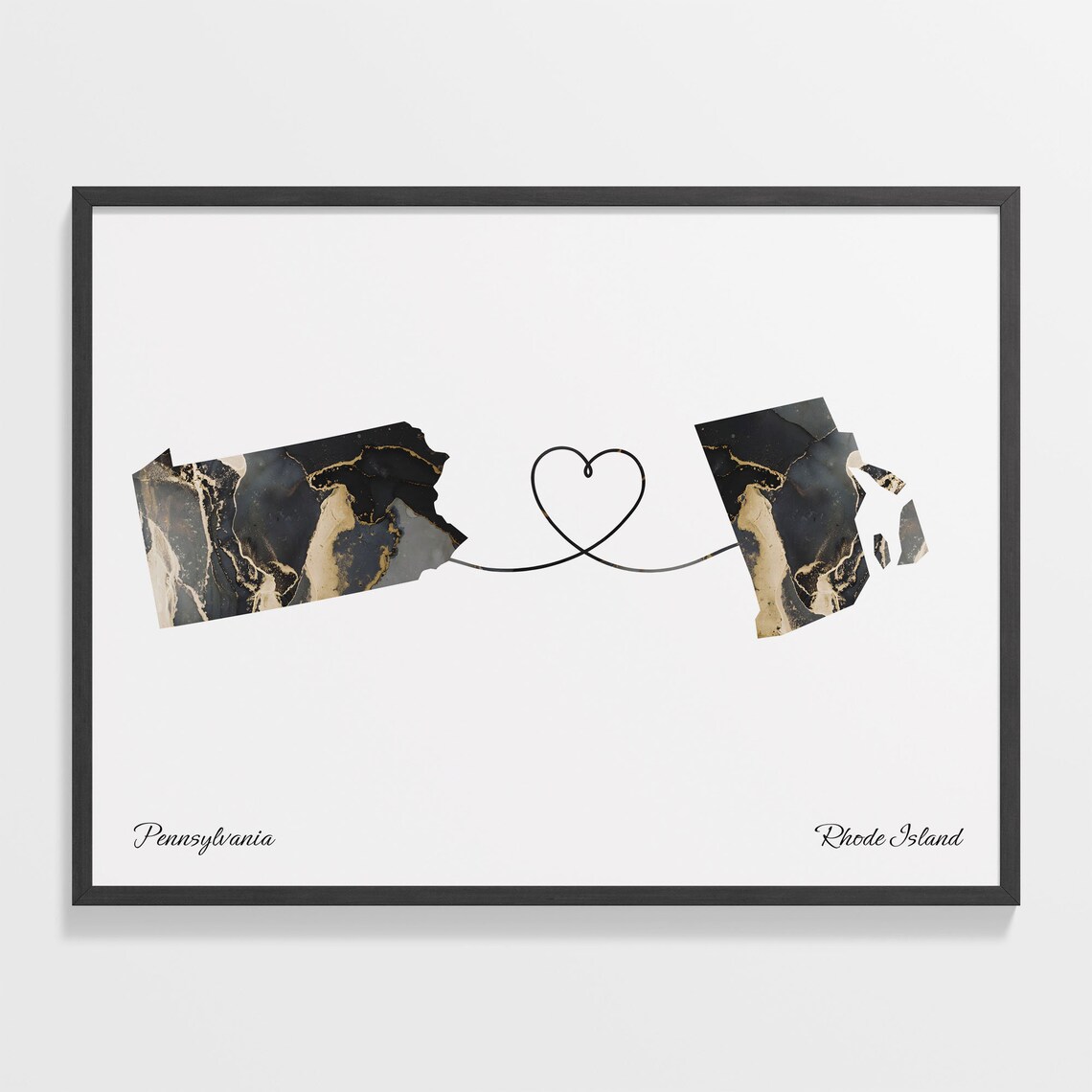 Pennsylvania to Rhode Island Black Gold Marble Map Heart Connection Poster