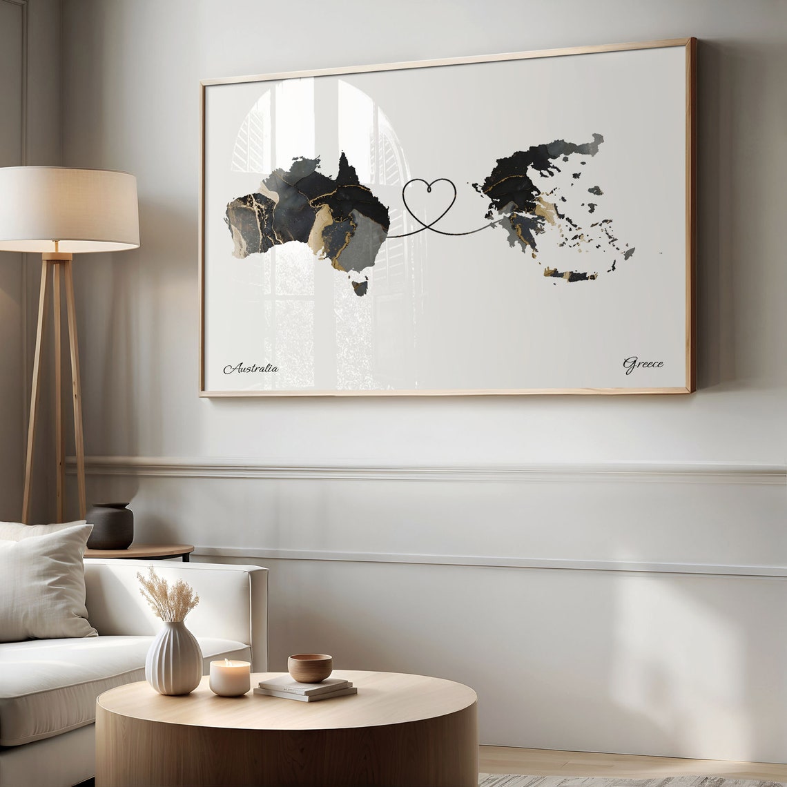 Australia and Greece Black Marble Heart Connection Map Poster - Image 2