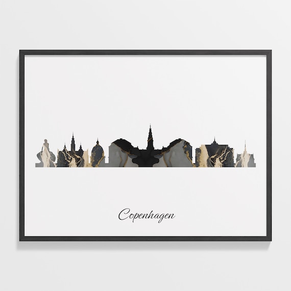 Copenhagen Luxury Black Gold Marble City Skyline Silhouette Poster