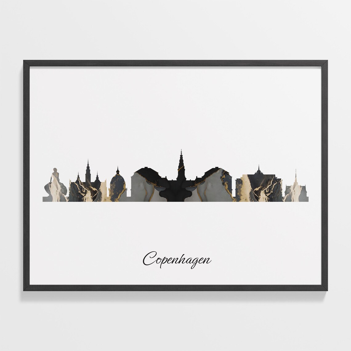 Copenhagen Luxury Black Gold Marble City Skyline Silhouette Poster