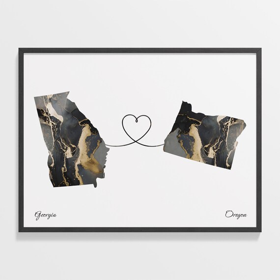 Georgia Oregon Long Distance Love Black Gold Marble Map Poster