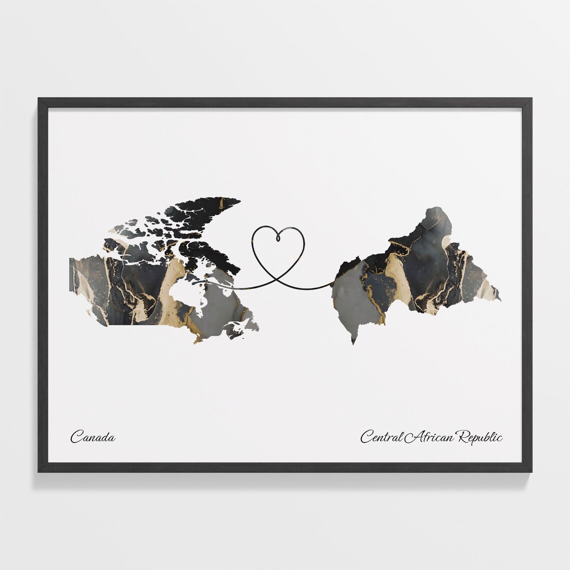 Canada Central African Republic Black Gold Marble Map Art Heart Connection Poster