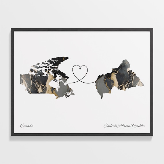 Canada Central African Republic Black Gold Marble Map Art Heart Connection Poster