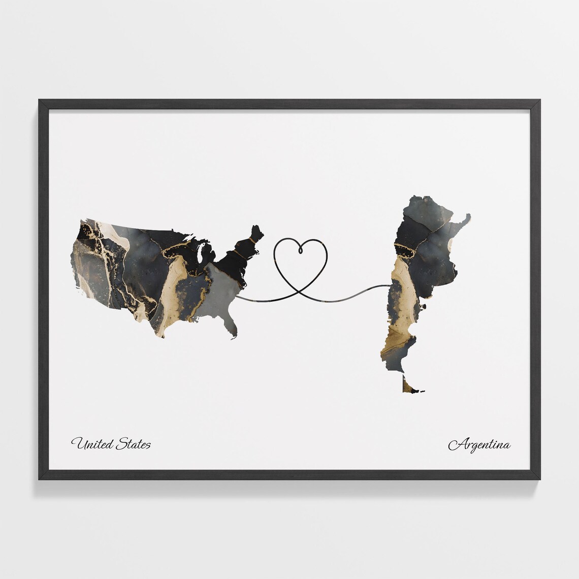 United States To Argentina Marble Map Print Heart Line Couple Gift
