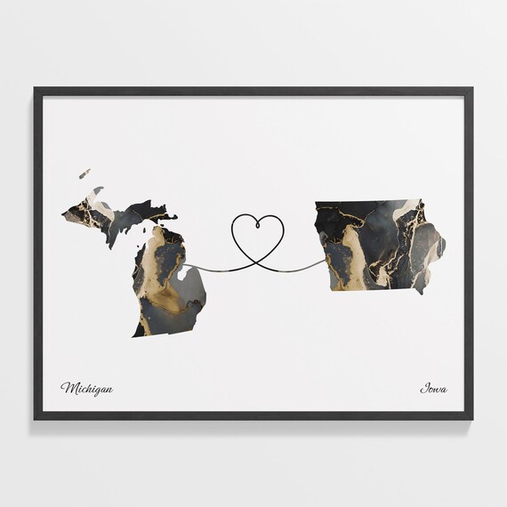 Long Distance Michigan to Iowa Heart Connection Marble Map Poster