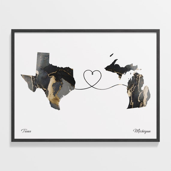 Texas to Michigan Travel Map Poster, Michigander Gift