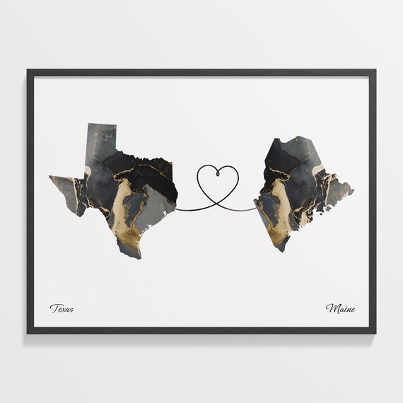 Texas To Maine Heart Connected Black Marble State Map Poster