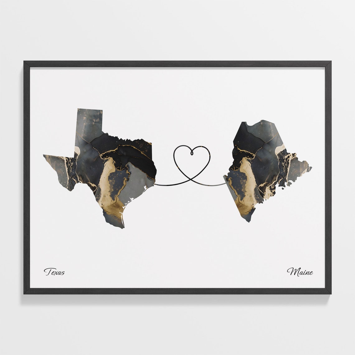 Texas To Maine Heart Connected Black Marble State Map Poster