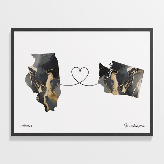 Illinois to Washington Black Gold Marble Map Heart Connection Poster
