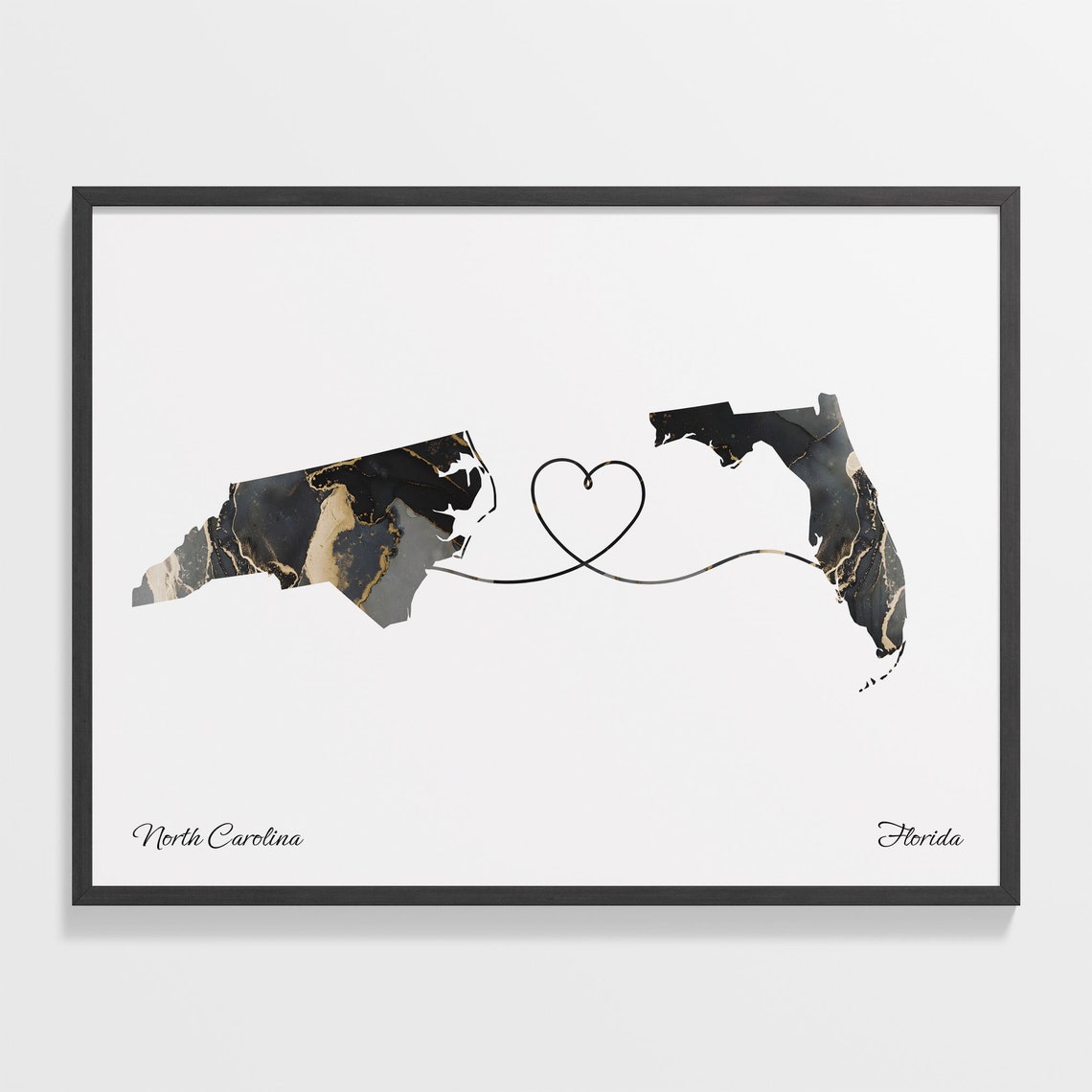 North Carolina Florida Long Distance Love Black Gold Marble Map Poster