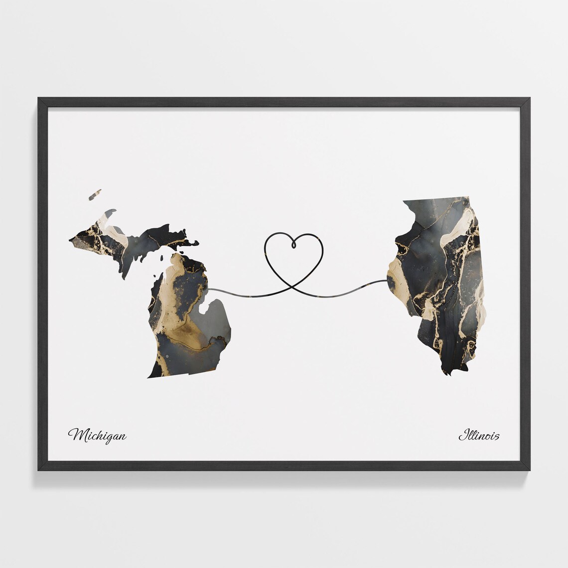 Michigan Illinois Long Distance Love Black Gold Marble Map Poster