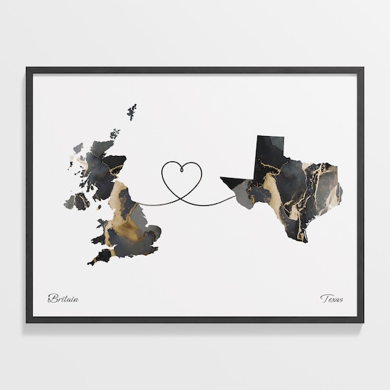 Long Distance Britain to Texas Heart Connection Marble Map Poster