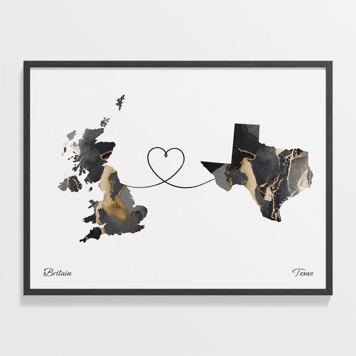 Long Distance Britain to Texas Heart Connection Marble Map Poster