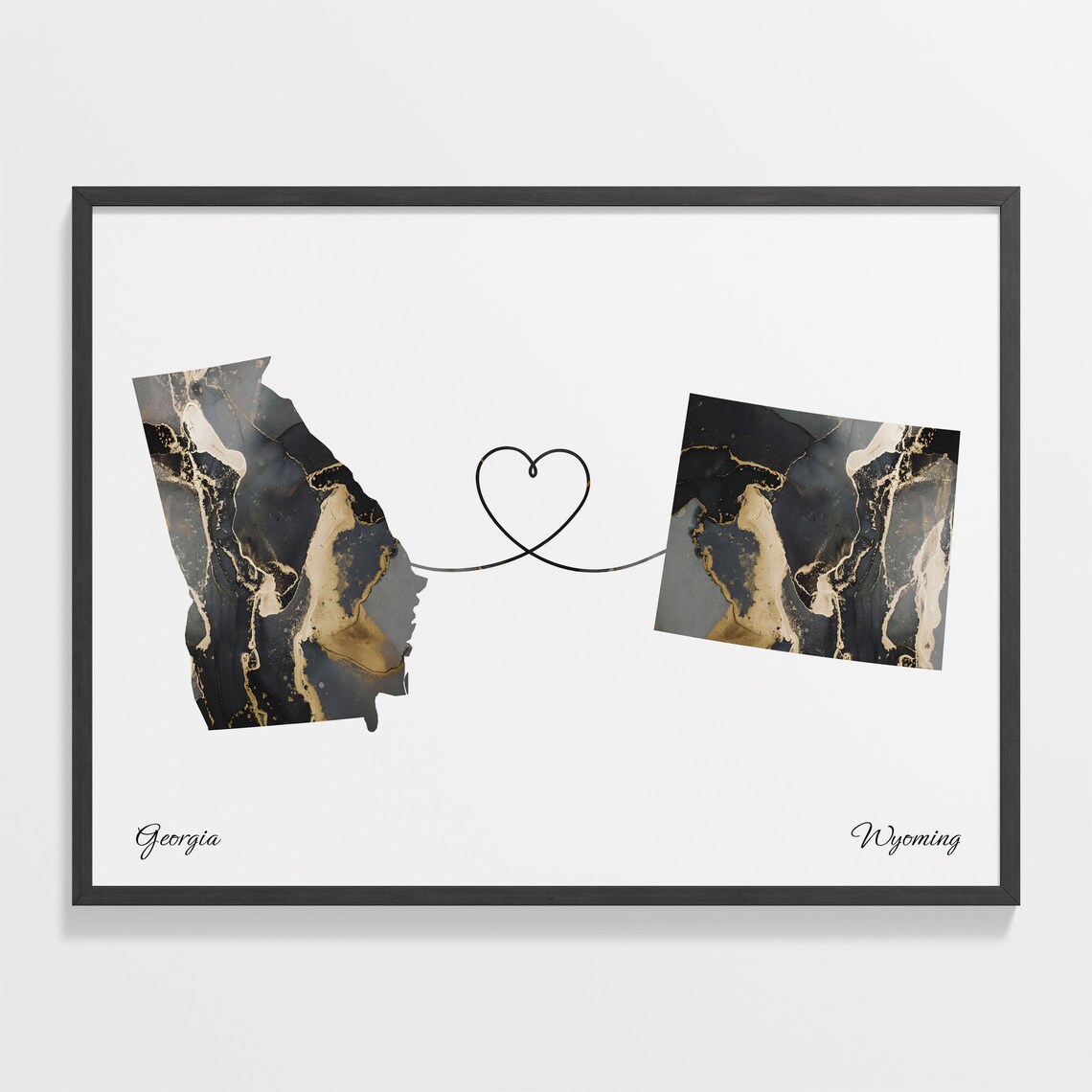 Georgia to Wyoming Two State Long Distance Heart Marble Map Poster