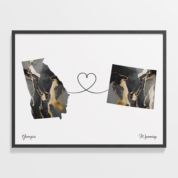 Georgia to Wyoming Two State Long Distance Heart Marble Map Poster
