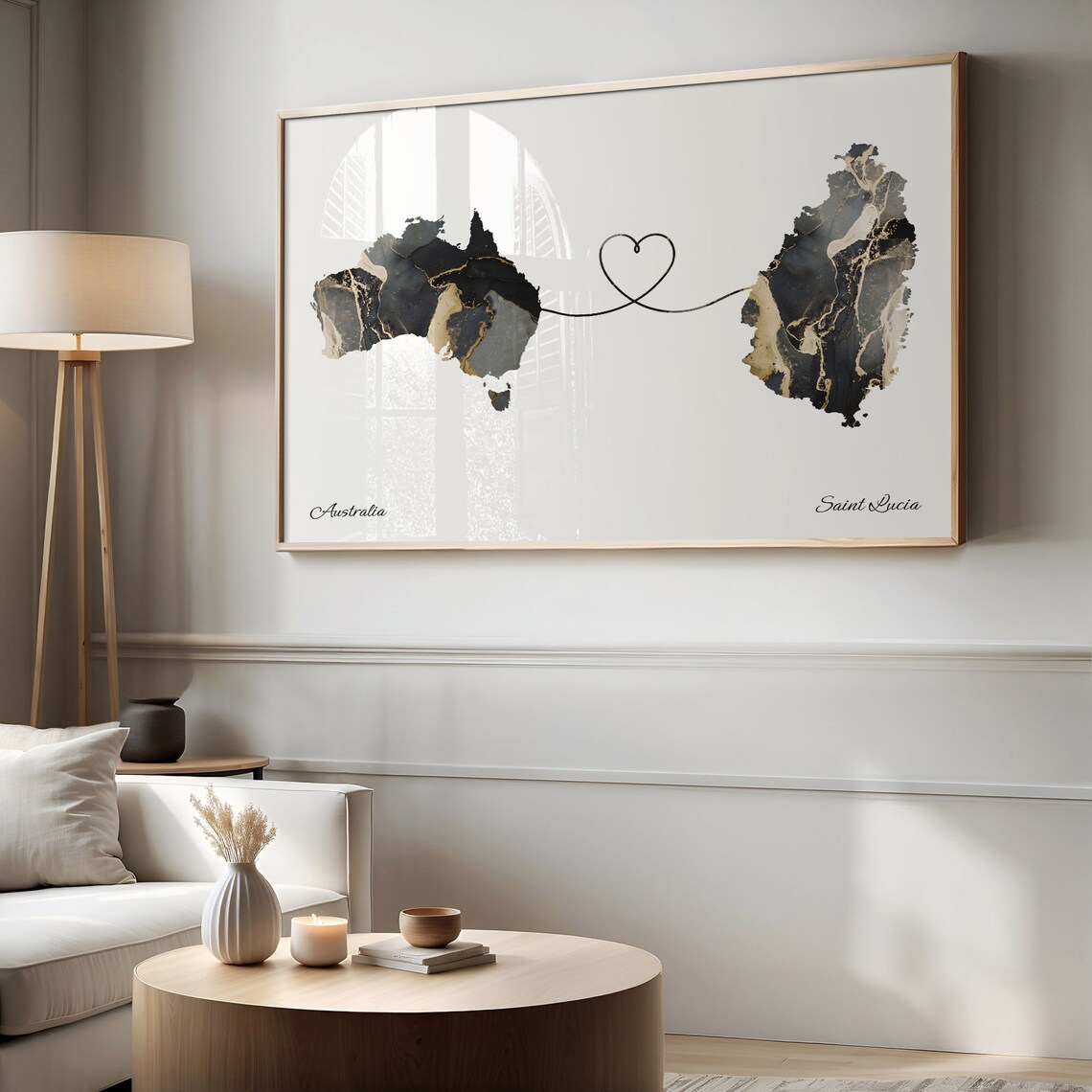 Australia Saint Lucia Long Distance Love Heart Marble Map Gift Poster - Image 2