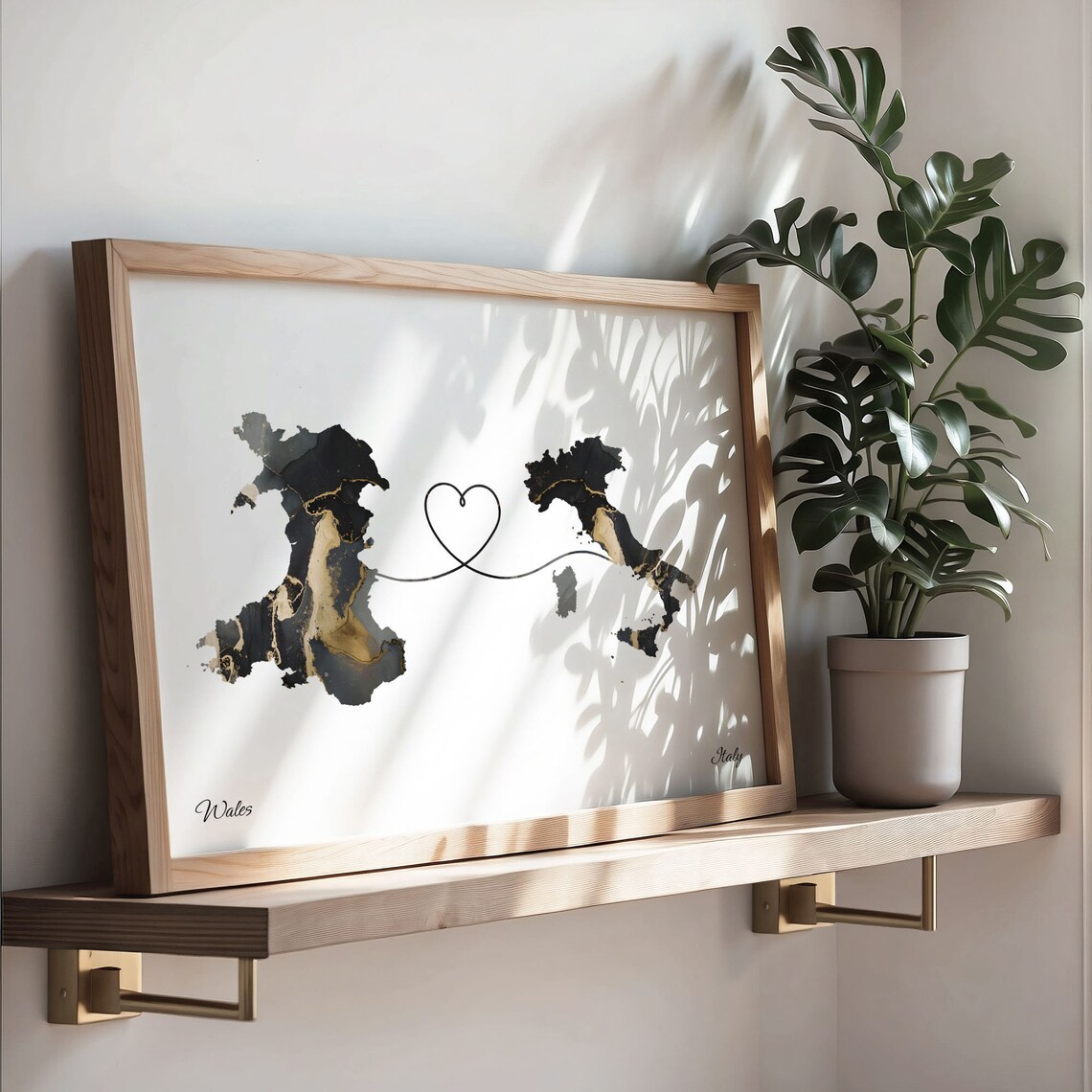 Wales Italy Long Distance Black Gold Marble Heart Map Poster - Image 3