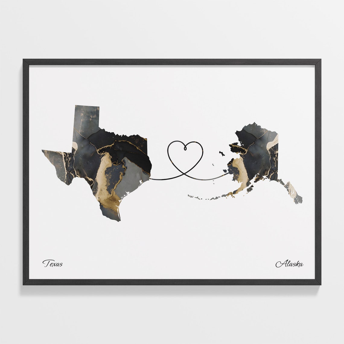 Texas to Alaska Heart Connected Long Distance Marble Map Poster