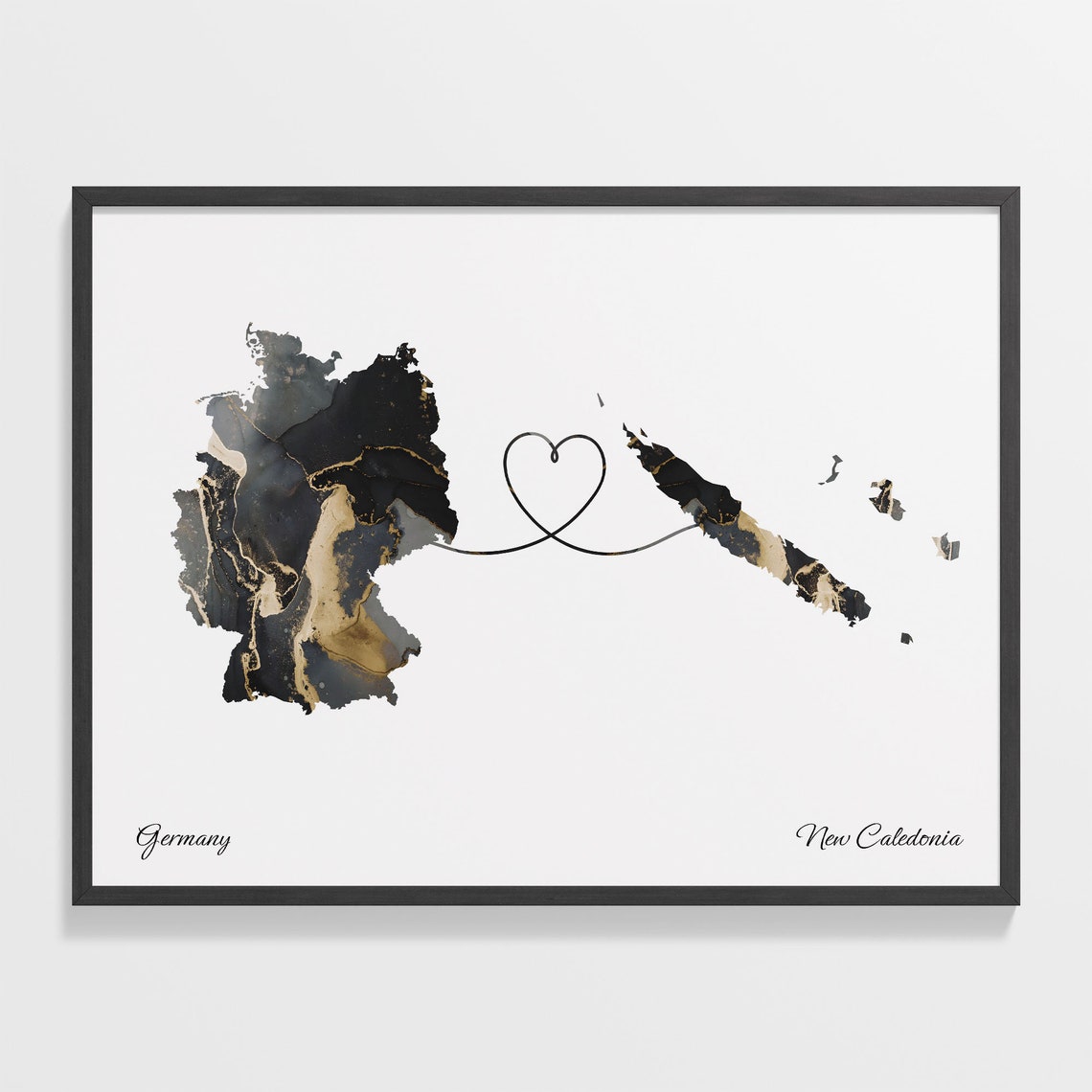 Germany to New Caledonia Black Gold Marble Heart Map Art Poster