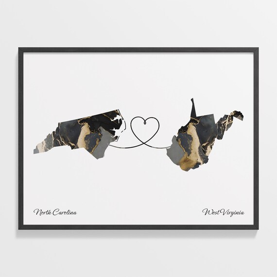 North Carolina West Virginia Long Distance Black Gold Marble Heart Map Poster