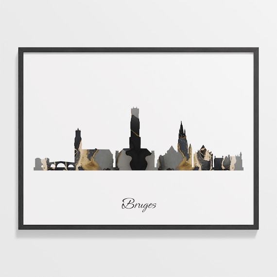 Bruges Belgium Black Gold Marble Medieval Skyline Silhouette Poster