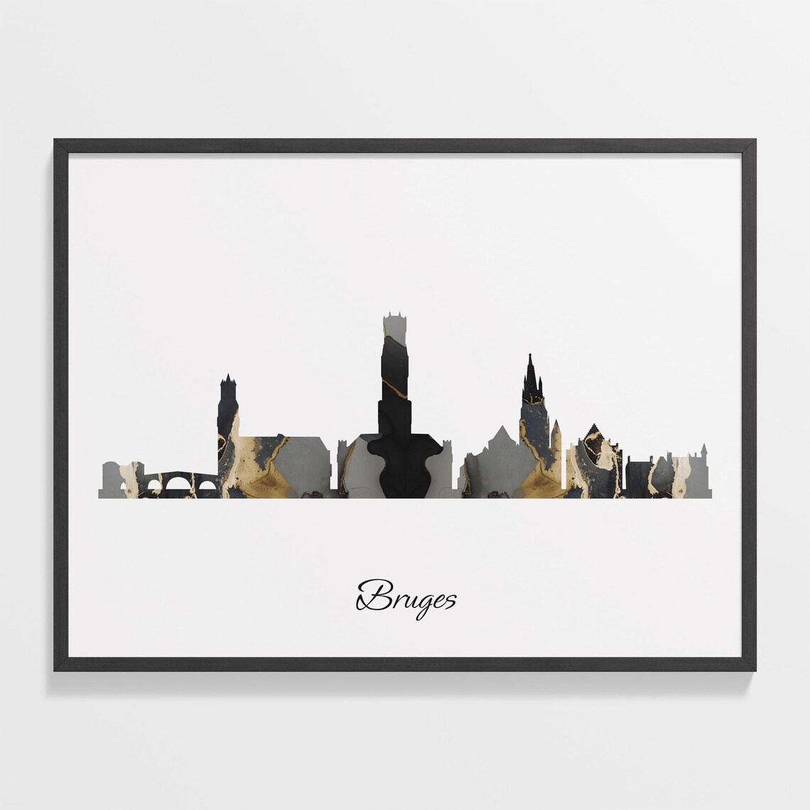 Bruges Belgium Black Gold Marble Medieval Skyline Silhouette Poster