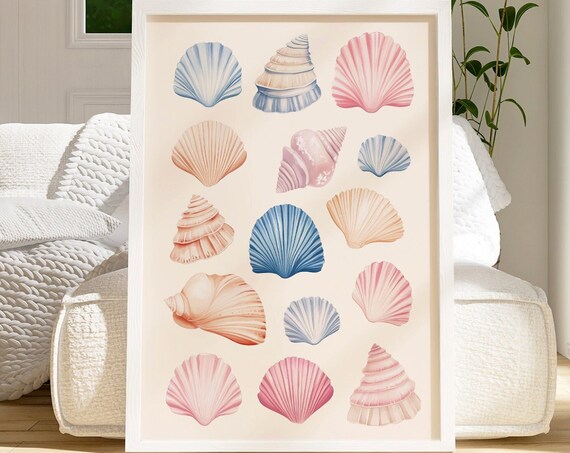 Pastel Seashell Collection Watercolor Beach Cottage Decor Art Poster