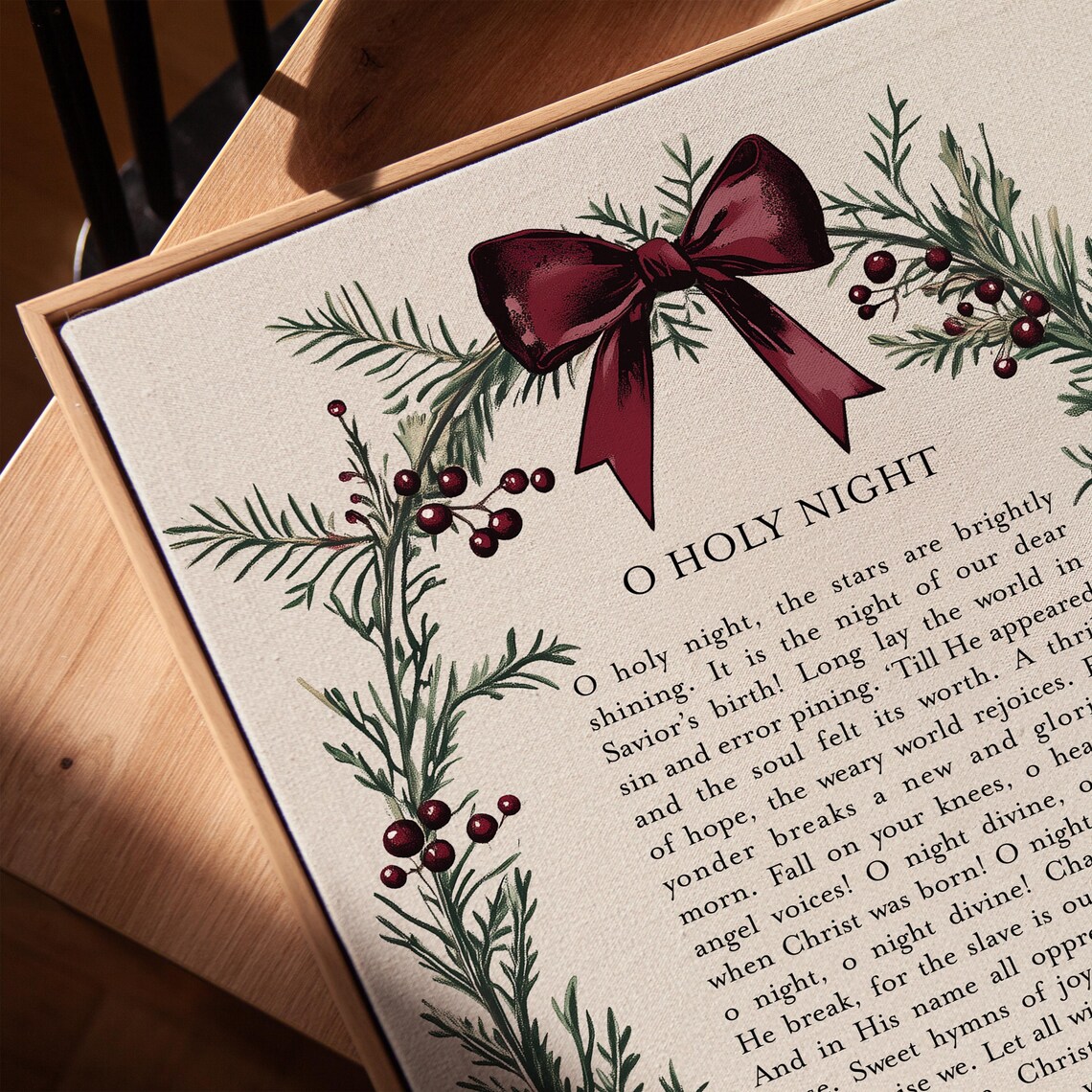 O Holy Night Christmas Hymn Lyrics Pine Wreath Burgundy Bow Print - Image 3