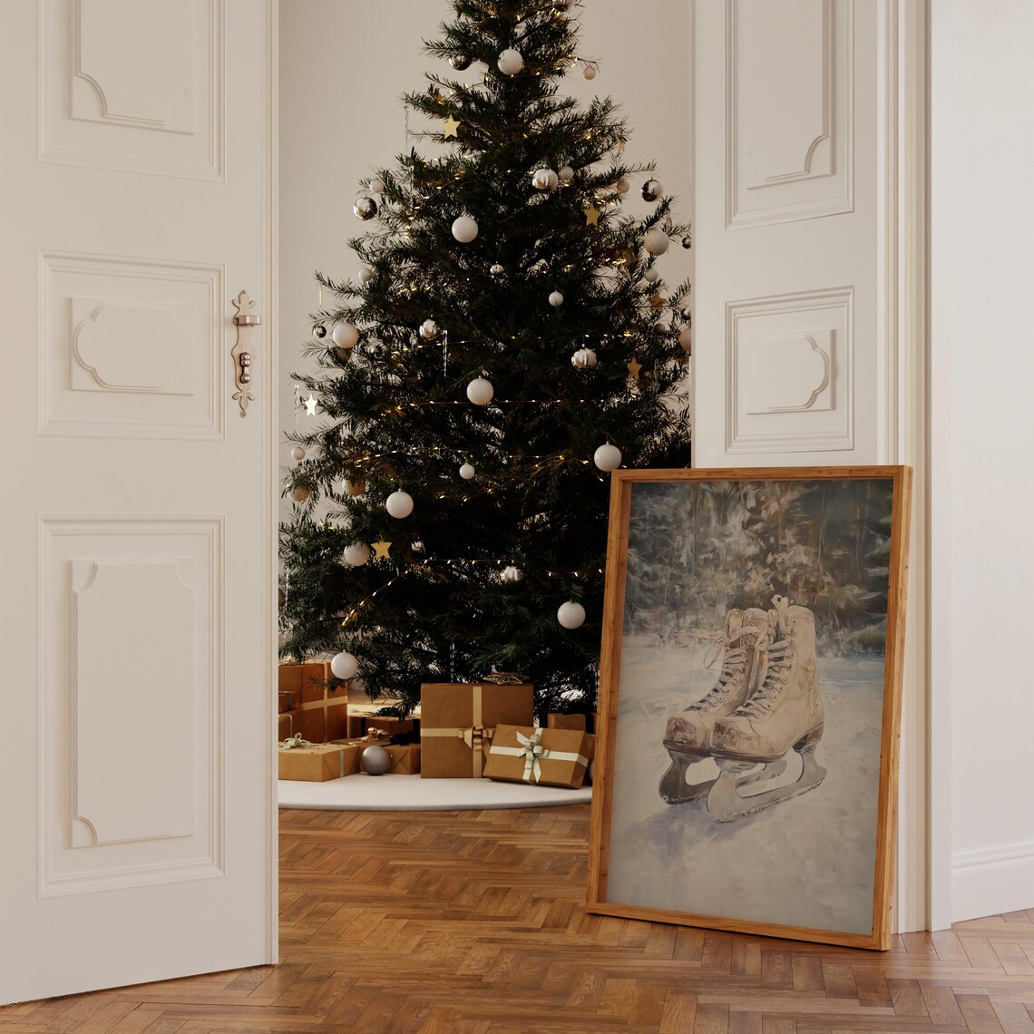 Vintage Ice Skates On Ice Winter Forest Neutral Holiday Painting Print - Image 2