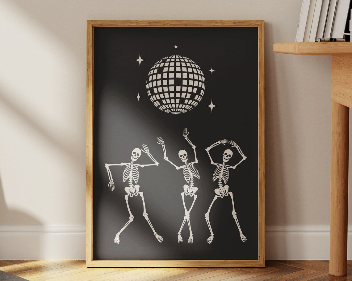 Dancing Skeletons Disco Ball Halloween Spooky Party Black Poster - Image 2