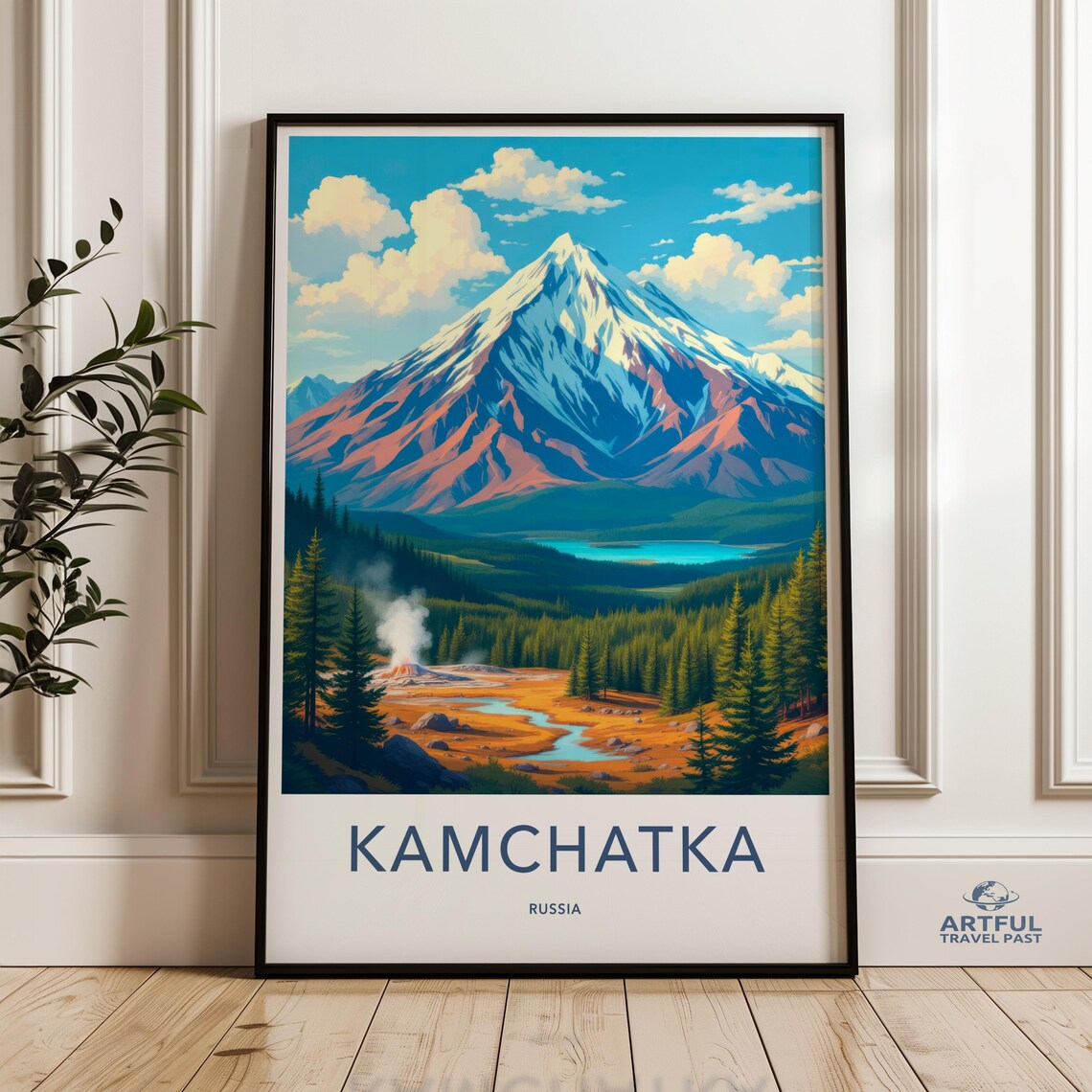 Kamchatka Russia Volcano Poster Snow Capped Peak Forest Lake View