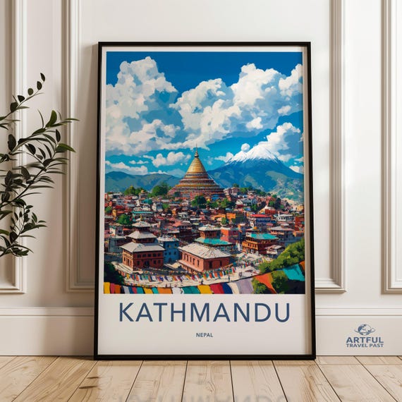Kathmandu Nepal Print Colorful Cityscape Wall Art Travel Poster Vibrant Urban Landscape Himalayan Mountains Painting