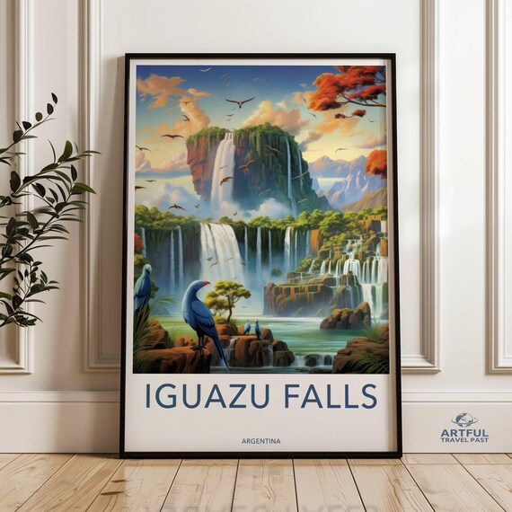 Iguazu Falls Argentina Cascading Waterfalls Parrots Travel Poster