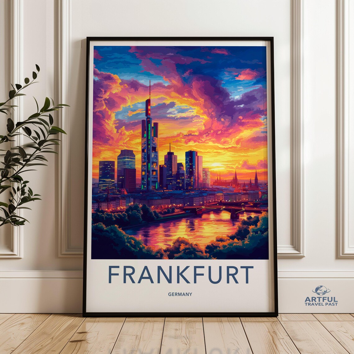 Frankfurt Germany Vivid Sunset Skyline River City Travel Poster