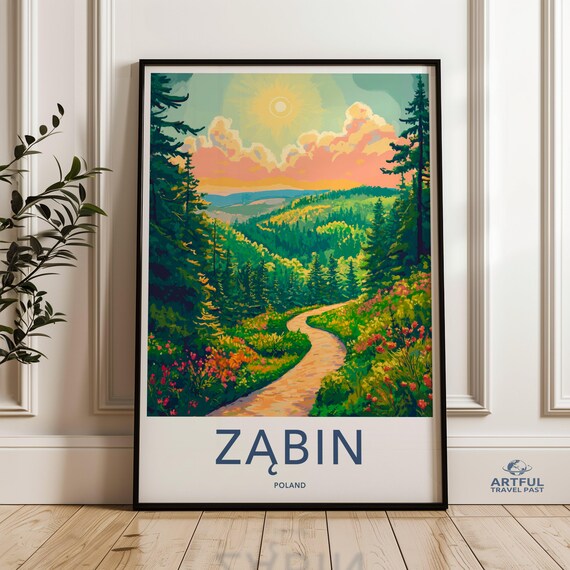 Zabin Poland Forest Path Sunlight Retro Vintage Travel Poster
