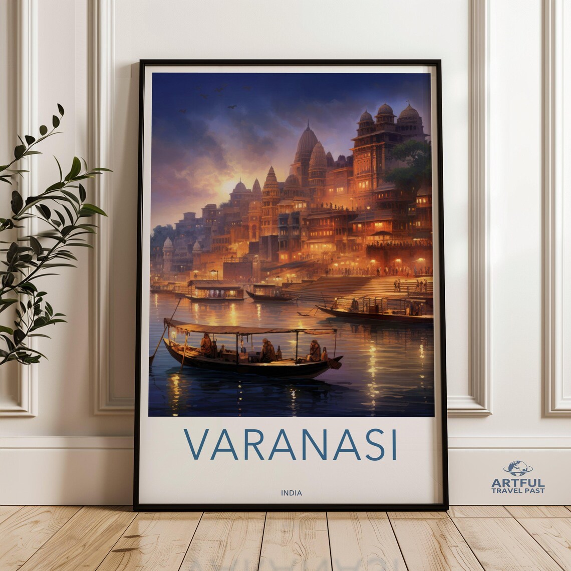 Varanasi India Ghats Sunset Ganges River Boats Historic Travel Poster