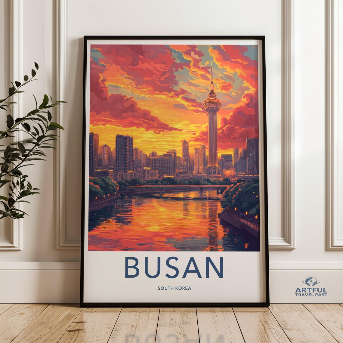 Busan South Korea Sunset Skyline Tower River Vintage Travel Poster