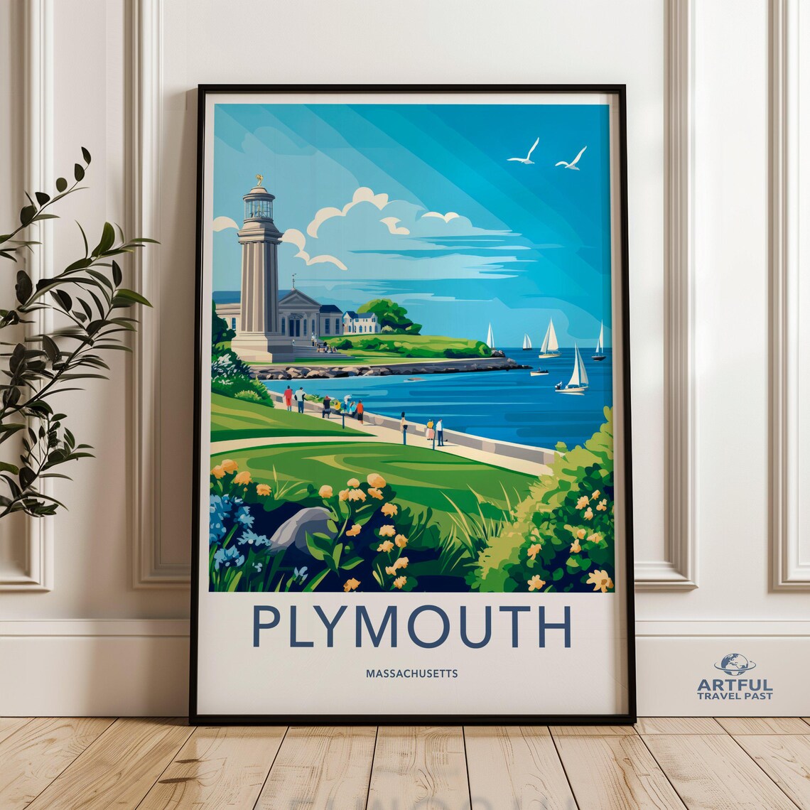 Plymouth Massachusetts Harbor Lighthouse Coastal Travel Poster