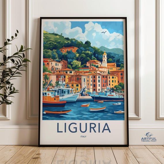Liguria Italy Wall Art Print Coastal Village Illustration Colorful Boats Docked Scenic Landscape Decor Travel Poster