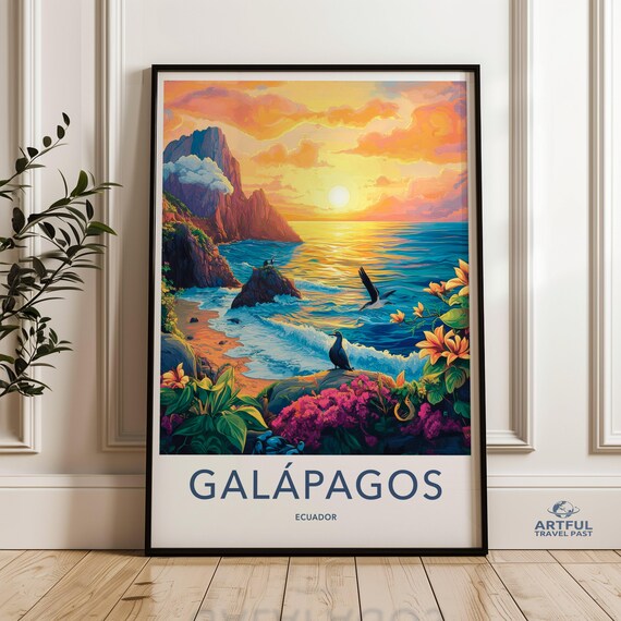 Galapagos Ecuador Volcanic Cliffs Seabirds Sunset Travel Poster